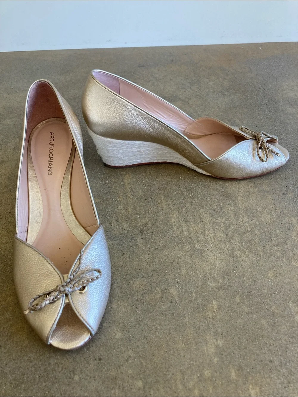 Gold Leather Wedge Heel Espadrille Peep Toe Shoes Size 9.5